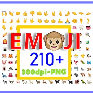 May include: A colorful image with a yellow background featuring a monkey emoji and the text "EMOJI 210+ 300dpi-PNG". The image is filled with a variety of emojis, including hand gestures, food, animals, and objects.