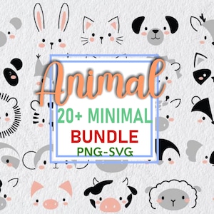 May include: A set of 20+ minimalist animal illustrations in black and white. The illustrations are in a simple, cartoon style and feature a variety of animals, including a cat, dog, rabbit, deer, raccoon, lion, cow, sheep, and more. The text "Animal 20+ Minimal Bundle PNG-SVG" is displayed in a banner at the bottom of the image.
