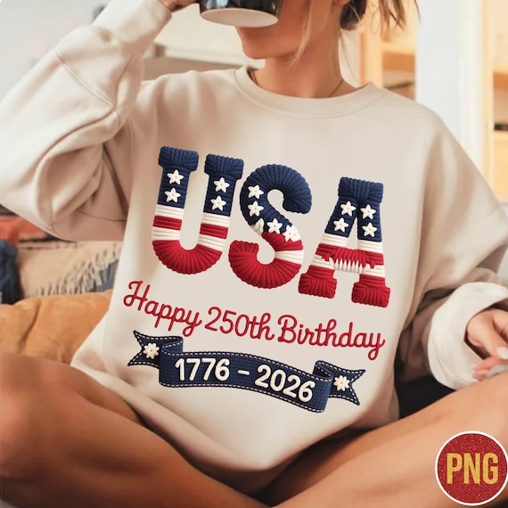 USA 250th Birthday PNG | Faux Yarn Lettering | 1776-2026 Sublimation