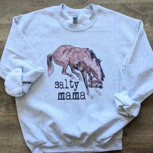 May include: A gray sweatshirt with a brown horse bucking and the text "salty mama" printed on the front.