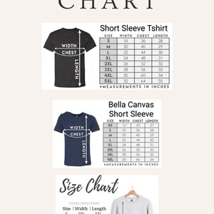 May include: Size chart for short sleeve t-shirts and sweatshirts. The chart shows measurements in inches for width, chest, and length. The chart includes sizes XS, S, M, L, XL, 2XL, 3XL, 4XL, and 5XL.