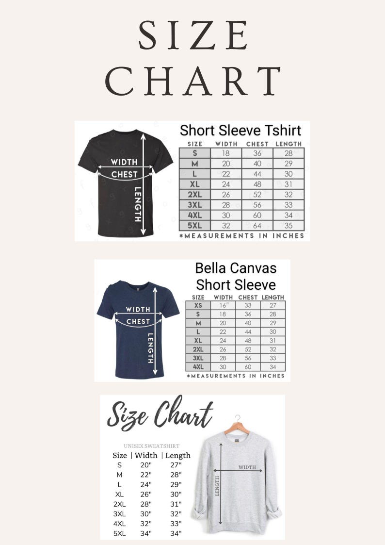 May include: Size chart for short sleeve t-shirts and sweatshirts. The chart shows the width, chest, and length measurements in inches for different sizes, from XS to 5XL.