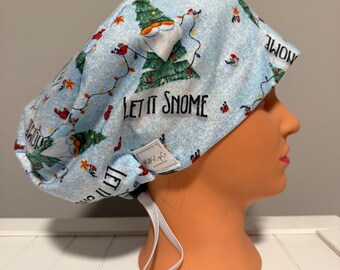 Euro or Ponytail Style Scrub Cap Let It Snome, Snow, Winter, Holiday, Christmas, Lights, Gnomes, Christmas Tree