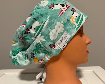 Euro or Ponytail Scrub Cap Surfing Dogs, Beach, Summer, Holiday, Vet