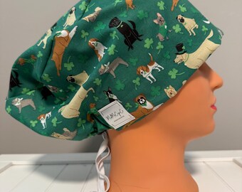Euro or Ponytail Style Scrub Cap St. Patrick’s Day Dogs, Saint Pats, St Pats, Clovers, Holiday, Lucky, March
