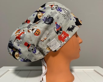 Euro or Ponytail Style Scrub Cap Halloween Costume Dogs, Grey, Spooky, Holiday, Fall