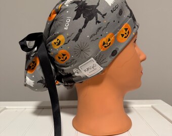 Euro Style Scrub Cap LUXE Stretch Fabric, Halloween, Ghosts, Witches, Pumpkins, Fall, Spooky, Holiday, Grey