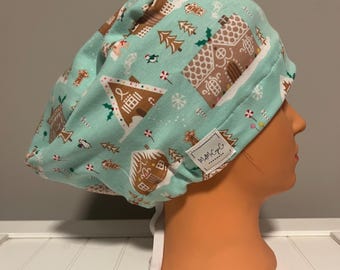Euro Style Scrub Cap LUXE Stretch Fabric, Christmas, Holiday, Gingerbread Houses, Cookies