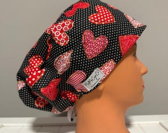 Euro or Ponytail Style Scrub Cap Hearts, Heart, Valentines Day