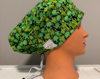 Euro or Ponytail Style Scrub Cap Alien, Outer Space, Galaxy, UFO