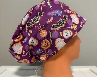 Euro or Ponytail Style Scrub Cap Halloween, Monsters, Frankenstein, Bats, Ghost, Skull, Skeleton, Candy Corn, Witch, Autumn, Fall, Holiday