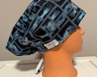 Euro or Ponytail Style Scrub Cap X-Ray, Skeleton, Bones, Rad Tech, Radiology, IR, Interventional Radiology,, Holiday, Halloween, Spooky