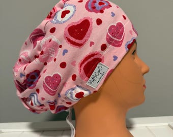 Euro Style Scrub Cap LUXE Stretch Fabric, Valentines Day, Hearts, Holiday, February
