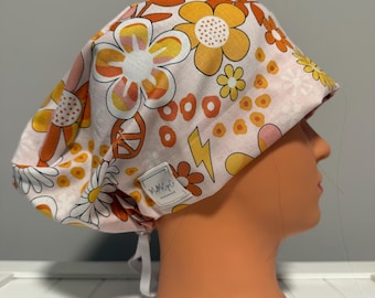 Euro or Ponytail Style Scrub Cap Groovy, Peace Sign, Disco, 70’s, throwback, trendy, flower, floral, lightening