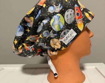 Euro or Ponytail Style Scrub Cap Space, Astronaut, Space Ship, Galaxy