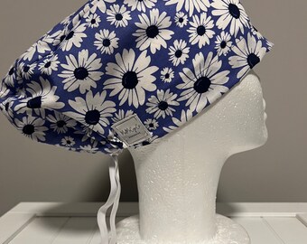 Euro or Ponytail Style Scrub Cap Daisies, Flowers, Floral, Purple, White, Spring, Summer