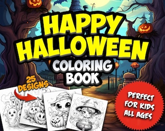 May include: A coloring book with a spooky Halloween theme. The cover features a cartoon illustration of a haunted house, pumpkins, and bats. The title "Happy Halloween Coloring Book" is in yellow text. The book has 25 designs and is perfect for kids of all ages.