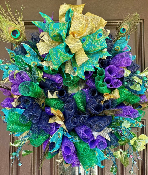 Peacock Wreath, blue green purple wreath, peacock decor, front door wreath,  front door peacock wreath, gold peacock decor wreath, handmade