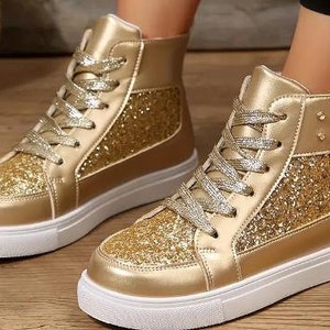 NEW Brand Women Fashion Casual Glitter Sparkling Sneakers Women Encrusted  Lace Up Shoes White Sole Fashion