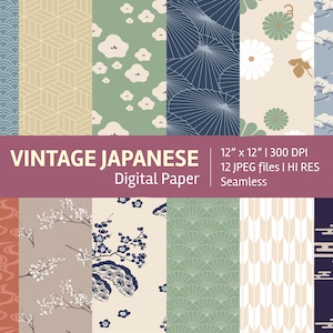 Vintage Japanese digital paper set, seamless textures, patterns, backgrounds, printable