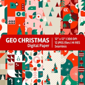 May include: A selection of geometric Christmas digital paper designs. The patterns feature festive elements like Christmas trees, ornaments, and abstract shapes in red, green, and cream colours. The paper is 30.48 cm x 30.48 cm and includes 12 JPEG files.