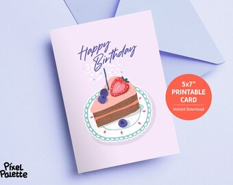 May include: Printable 5x7 inch birthday card featuring a pink and brown cake slice with a strawberry and blueberries on top. The cake is on a white plate with a blue and green border. The card has the text "Happy Birthday" in purple.