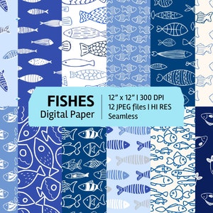 May include: A set of 12 digital papers featuring seamless patterns of white fish silhouettes on blue and white backgrounds. The papers are 12 inches by 12 inches and 300 DPI.