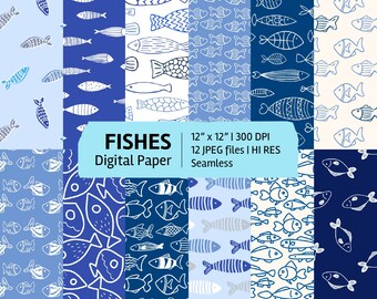 Fishes digital paper set, seamless textures, patterns, backgrounds, printable, scrapbook paper