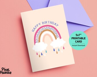May include: Printable birthday card featuring a rainbow with pink, brown, and blue stripes, white clouds, and blue, brown, and pink raindrops. The card is 5x7 inches and says "Happy Birthday" in blue text.