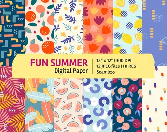 Fun Summer digital paper set, seamless textures, patterns, backgrounds, printable, scrapbook