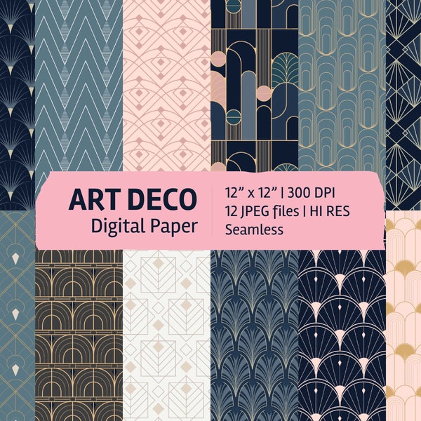 Art Deco digital paper set, seamless textures, patterns, backgrounds, printable, digital scrapbook