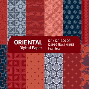 Pode incluir: Doze papéis digitais com padrões orientais em vermelho, azul e branco. Os padrões são sem costura e incluem formas geométricas, flores e espirais. Os papéis medem 30,48 cm por 30,48 cm e 300 DPI.