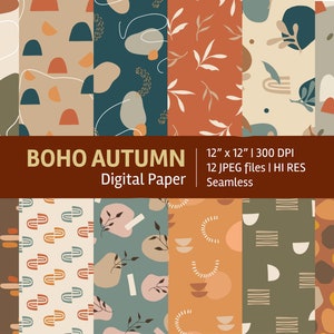 Boho Autumn digital paper set, seamless textures, patterns, backgrounds, printable, scrapbook