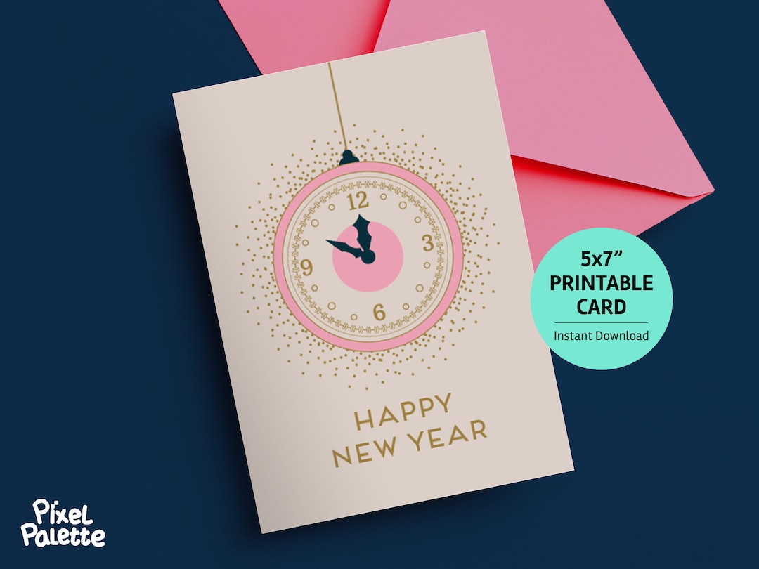 New Year Clock Printable Card, Instant Download, Greeting Card ...