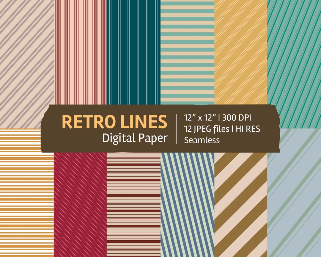 Retro Lines Digital Paper Set, Seamless Textures, Patterns, Backgrounds ...