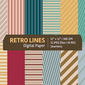 Retro Lines digital paper set, seamless textures, patterns, backgrounds, printable, scrapbook