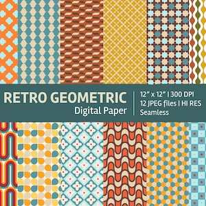 Set di carta digitale geometrica retrò, texture senza soluzione di continuità, motivi, sfondi, stampabile, album