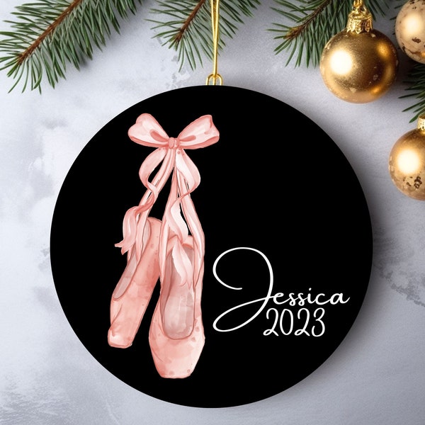 2023 Ballet Ornament Personalized, Black background, Pink pointe shoes, Personalized ornament, Custom ornament, Ballet ornament