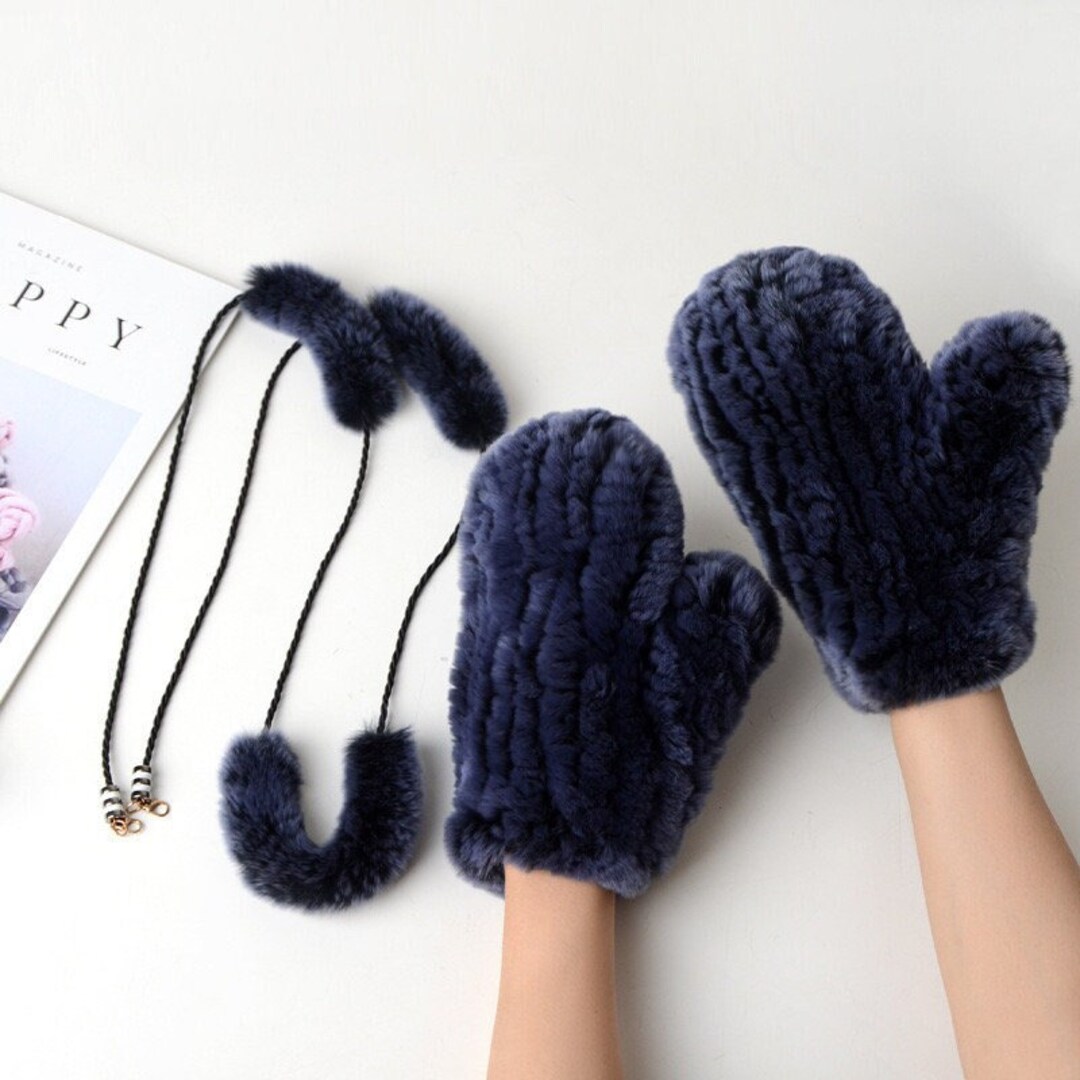 Hand Knit Real Rabbit Fur Gloves With Lanyard Rabbit Fur Etsy