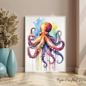 Octopus Watercolor Wall Art, Nautical Bathroom Decor, Beach House Octopus Print, Colorful Ocean Animal Poster, Nursery Sea Life Art