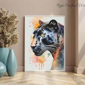 ブラックパンサーの水彩画プリント、子供部屋やリビングルーム用のパンサーウォールアート、野生の猫の動物ポスター、大きな猫の絵画、野生動物の室内装飾