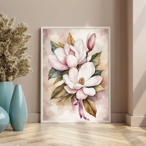 Pink Magnolia Print, Magnolia Painting, Magnolia Wall Art, Spring Watercolor Flowers, Spring Decor, Magnolia Tree Painting, Fine Art Print