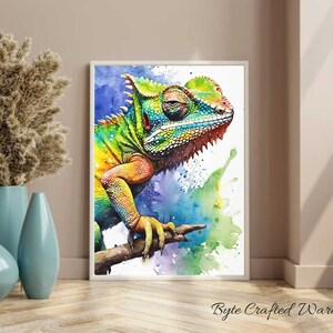 Chameleon Watercolor Wall Art, Colorful Chameleon Print, Jungle Animal Poster, Reptile Decor, Nursery Wildlife Art, Instant Download