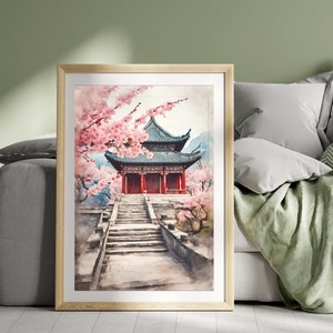 Cherry Blossom Painting – Japanese Temple Wall Art – Sakura Tree Illustration – Zen Decor – Sakura Flowers Print – Gift for Her, Sakura png
