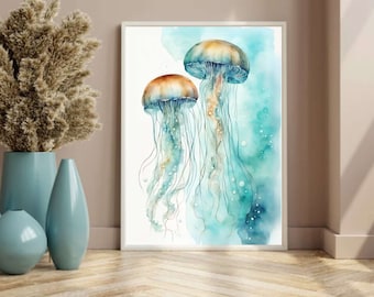 Turquoise Jellyfish Watercolor Art Print, Jellyfish Painting, Jellyfish Painting Wall Art Decor, Original Artwork Jellyfish Art Sea Life Art