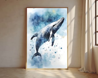 Humpback Whale Watercolor Print, Ocean Animal Nursery Art, Whale Wall Decor, Baby Room Printable, Sea Life Poster, Whale Clipart File