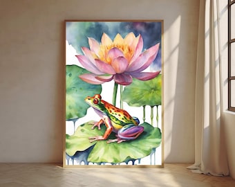 Frog and Lotus flower Watercolor Art Print, Green Frog Art Painting, Frog Painting Wall Art Decor, Original Artwork, Frog Art Decor Wildlife