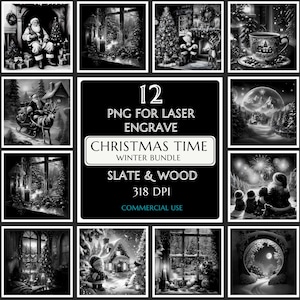 Christmas Time Winter BUNDLE 12 Laser Burn PNG Laser Engraving, Xmas, Santa Claus PNG, Glowforge File Lightburn File Slate Coasters Snowman