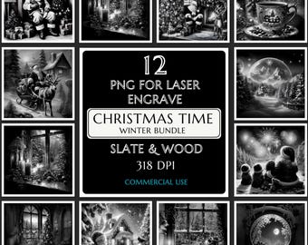Christmas Time Winter BUNDLE 12 Laser Burn PNG, Laser Engraving, Xmas Santa Claus Glowforge Lightburn ready CNC File, Slate Coasters Snowman