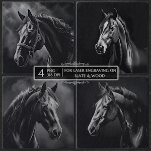 Black Horse PNG Laser Engraving File, Slate & Wood Coaster Bundle, CNC Glowforge LightBurn Art, Horse Gift Idea for Memorial or Decor